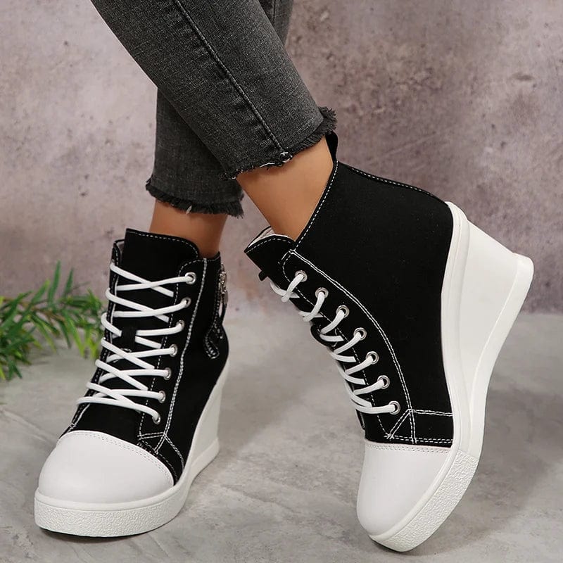 Women'S Black White Wedge Sneakers Fashion High Top Lace up Canvas Shoes for Women Lightweight Casual Platform Vulcanized Shoes