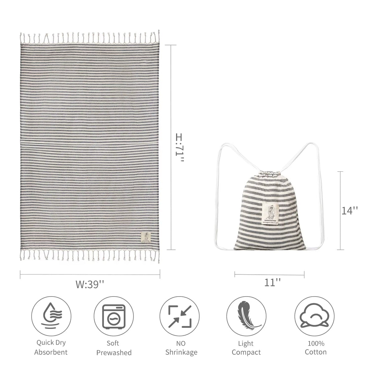 YEUZLICOTTON Hot Sale Luxury Striped Tassel 100% Cotton Sauna Spa Bath Towel for Home 100*180CM Travel Turkish Large Beach Towel