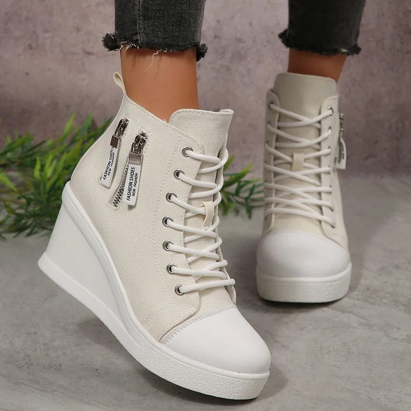 Women'S Black White Wedge Sneakers Fashion High Top Lace up Canvas Shoes for Women Lightweight Casual Platform Vulcanized Shoes