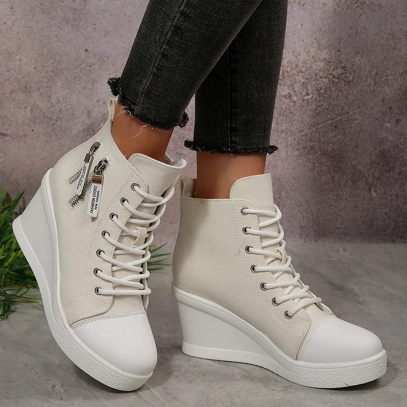 Women'S Black White Wedge Sneakers Fashion High Top Lace up Canvas Shoes for Women Lightweight Casual Platform Vulcanized Shoes