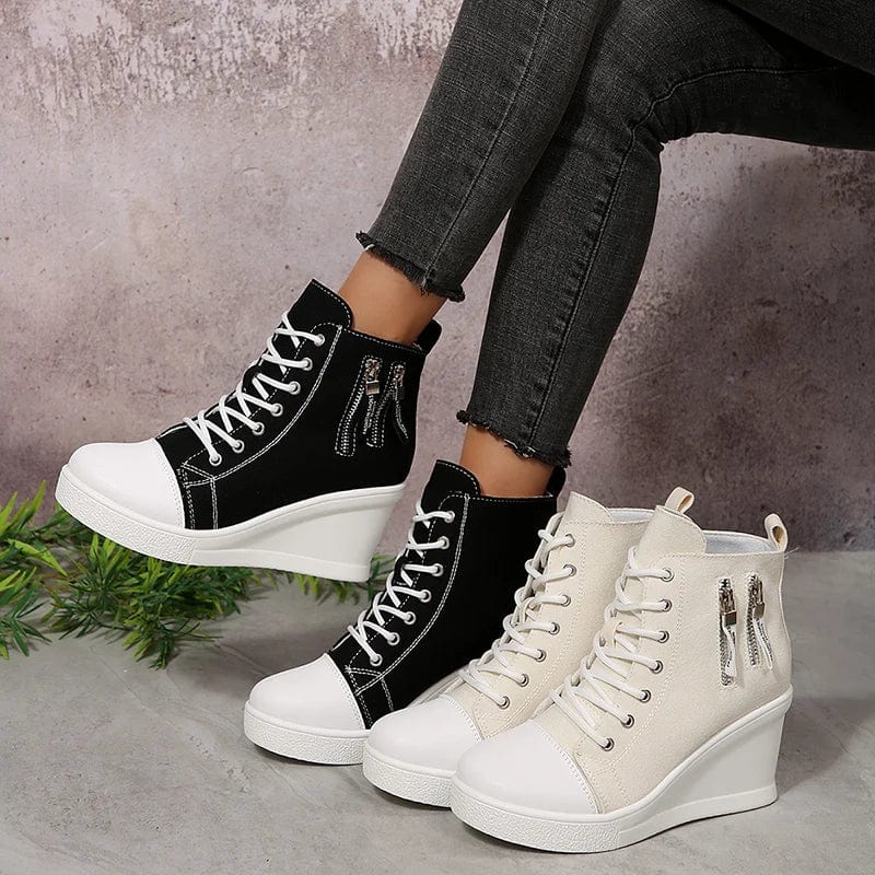 Women'S Black White Wedge Sneakers Fashion High Top Lace up Canvas Shoes for Women Lightweight Casual Platform Vulcanized Shoes