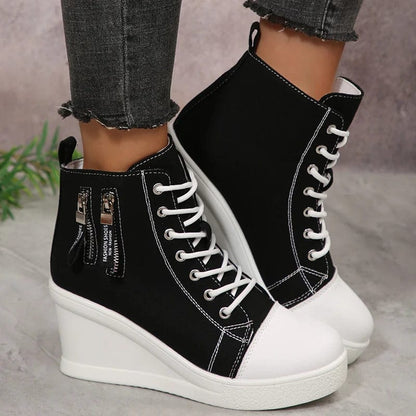 Women'S Black White Wedge Sneakers Fashion High Top Lace up Canvas Shoes for Women Lightweight Casual Platform Vulcanized Shoes
