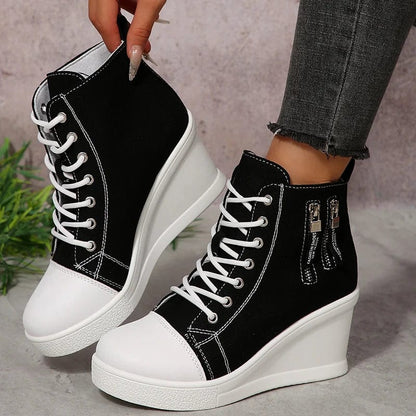 Women'S Black White Wedge Sneakers Fashion High Top Lace up Canvas Shoes for Women Lightweight Casual Platform Vulcanized Shoes