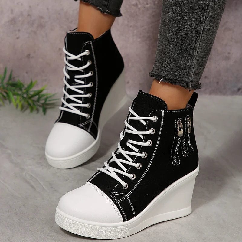 Women'S Black White Wedge Sneakers Fashion High Top Lace up Canvas Shoes for Women Lightweight Casual Platform Vulcanized Shoes