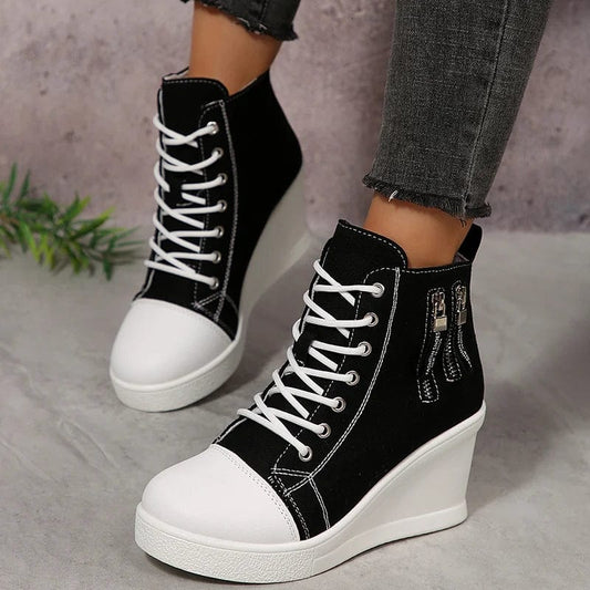 Women'S Black White Wedge Sneakers Fashion High Top Lace up Canvas Shoes for Women Lightweight Casual Platform Vulcanized Shoes