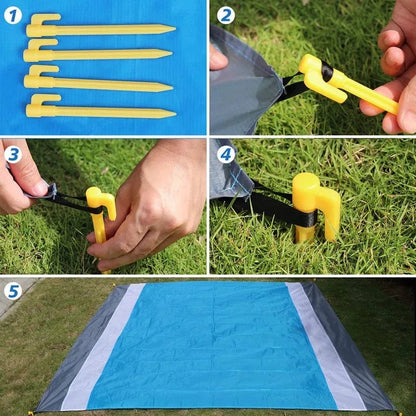 OverSized Beach Towel Sandproof, Extra Large Beach Mat, Big & Compact Sand Free Mat Quick Drying, Lightweight & Durable with 6 Stakes & 4 Corner Pockets