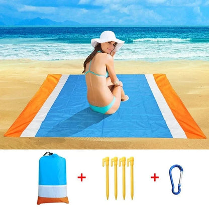 OverSized Beach Towel Sandproof, Extra Large Beach Mat, Big & Compact Sand Free Mat Quick Drying, Lightweight & Durable with 6 Stakes & 4 Corner Pockets