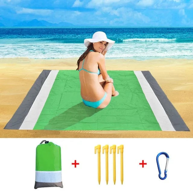 OverSized Beach Towel Sandproof, Extra Large Beach Mat, Big & Compact Sand Free Mat Quick Drying, Lightweight & Durable with 6 Stakes & 4 Corner Pockets