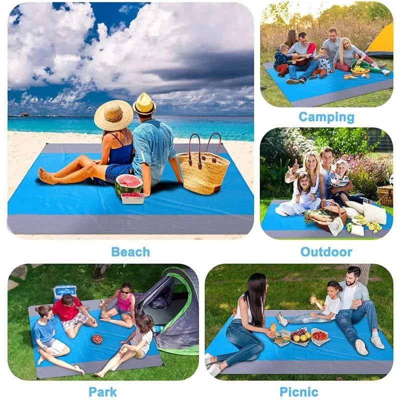 OverSized Beach Towel Sandproof, Extra Large Beach Mat, Big & Compact Sand Free Mat Quick Drying, Lightweight & Durable with 6 Stakes & 4 Corner Pockets